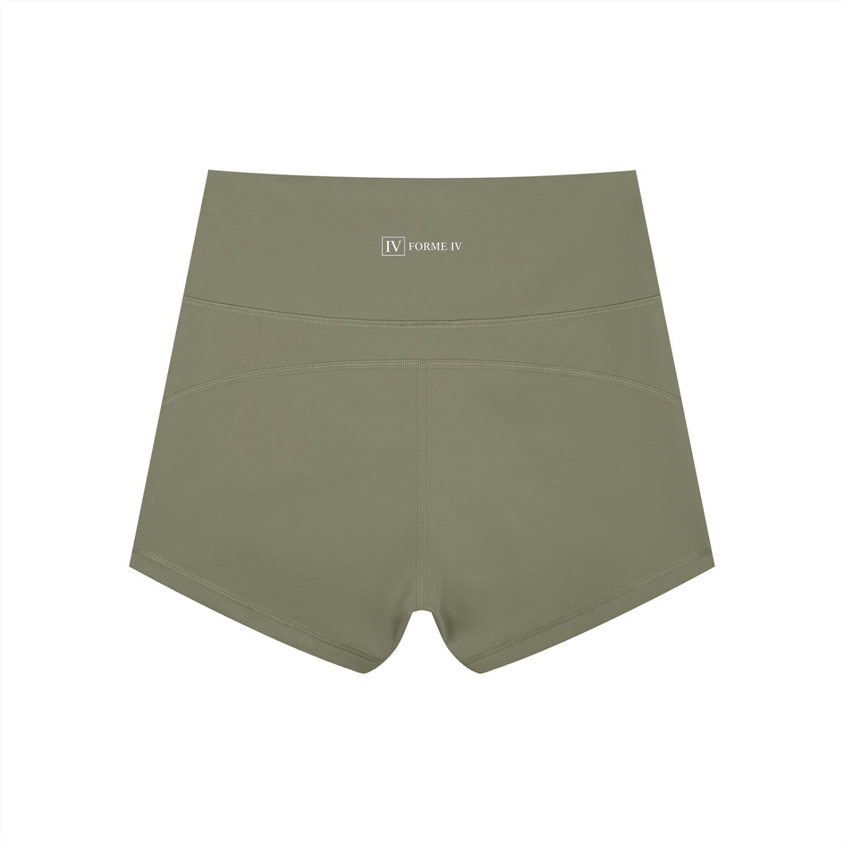 FORME IV high-waist yoga shorts in Gray Green, back flat lay
