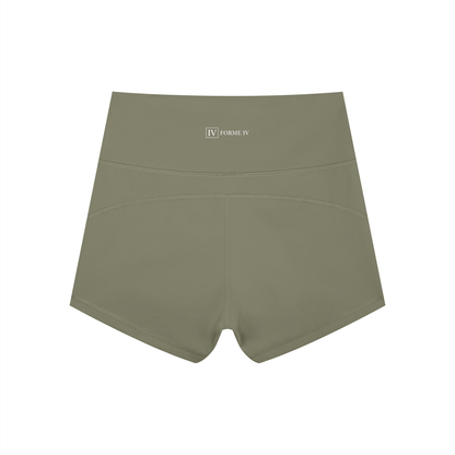 FORME IV high-waist yoga shorts in Gray Green, back flat lay