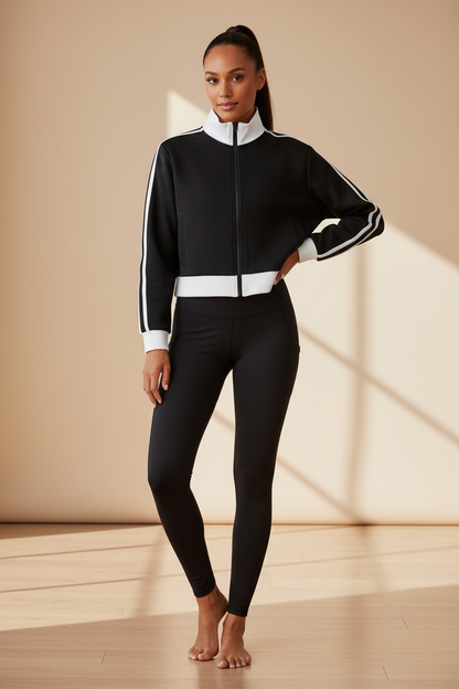 FORME IV contrast side-stripe cropped track jacket in Black, front model view