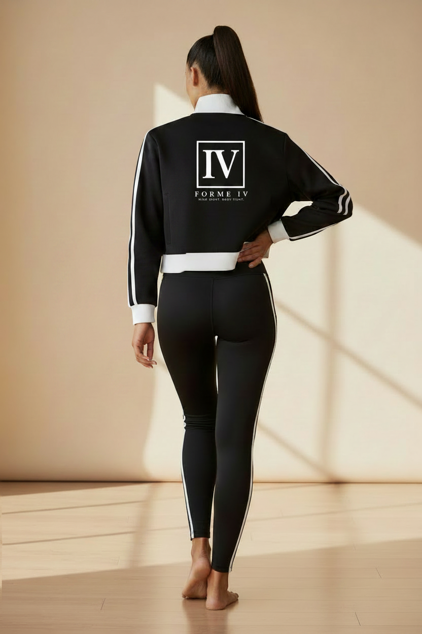 FORME IV contrast side-stripe cropped track jacket in Black, back model view