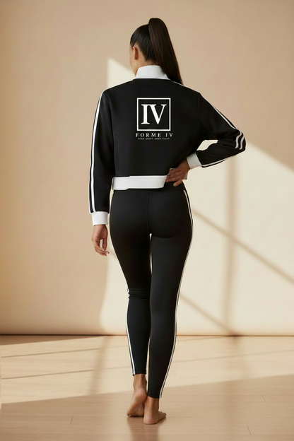 FORME IV contrast side-stripe cropped track jacket in Black, back model view