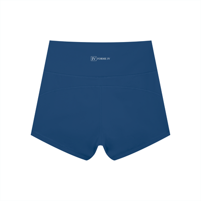 FORME IV high-waist yoga shorts in Blue, back flat lay