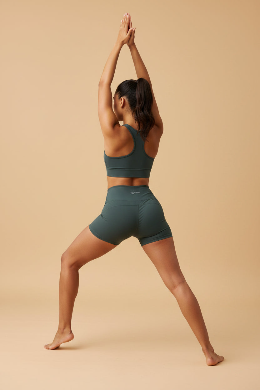 FORME IV high-waist yoga shorts in Dark Gray, back model view