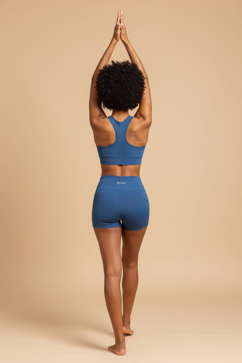 FORME IV high-waist yoga shorts in Blue, back model view